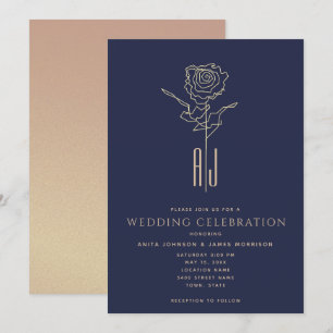 Convite Casamento Azul Naval Dourado Rosa Monogramado