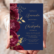 Casamento Azul Naval Dourado Script Floral Borgonh