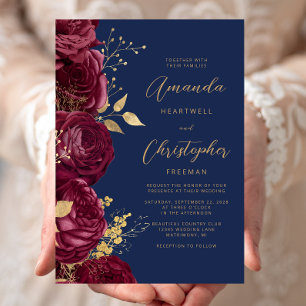 Convite Casamento Azul Naval Dourado Script Floral Borgonh