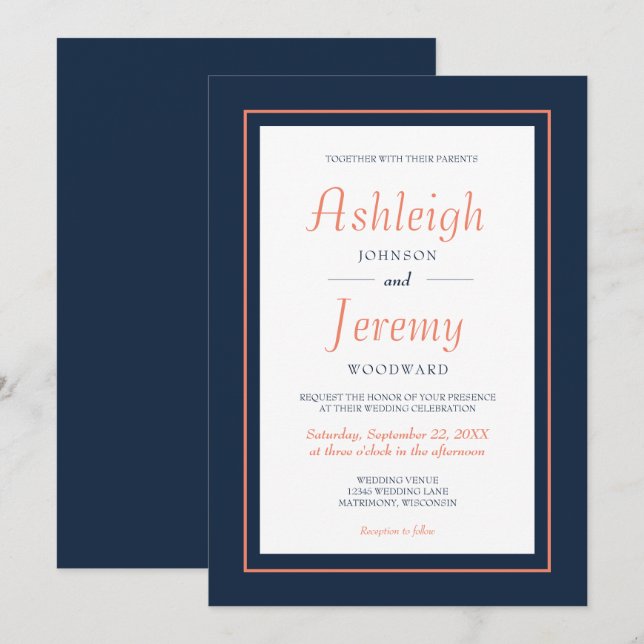 Convite Casamento Azul Naval e Coral Minimalista Moderno (Frente/Verso)