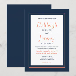 Convite Casamento Azul Naval e Coral Minimalista Moderno