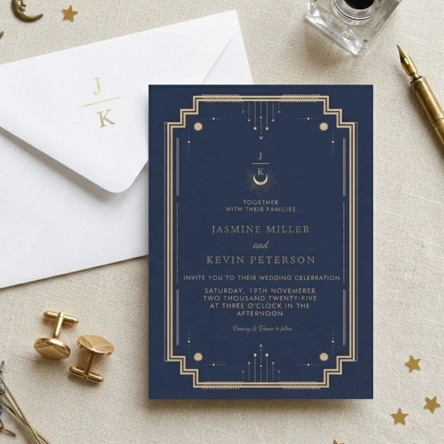 Convite Casamento Azul Naval Estrela Lua Mística Celestial (Criador carregado)
