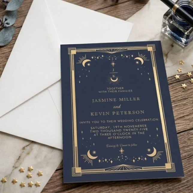 Convite Casamento Azul Naval Estrela Lua Mística Celestial (Criador carregado)