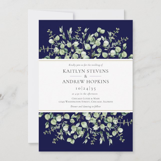 Convite Casamento Azul Naval Eucalipto (Frente)