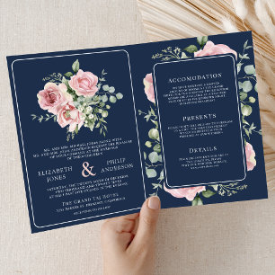 Convite Casamento Azul Naval Eucalipto Floral Rosa Corado