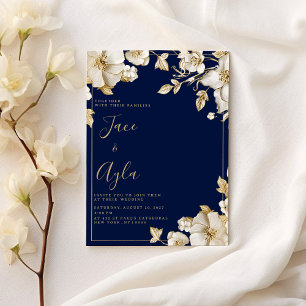Convite Casamento azul naval floral em ouro branco de luxo