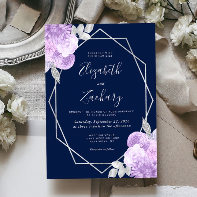 Convite Casamento Azul Naval Floral Prata Lilás (Criador carregado)
