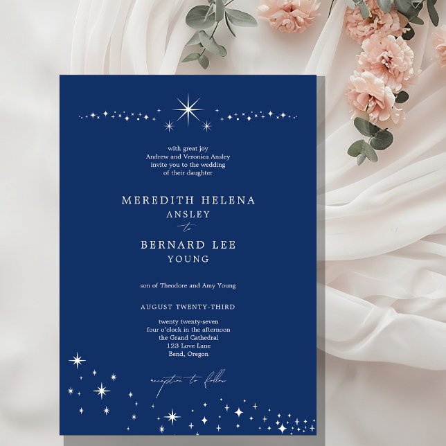 Convite Casamento Azul-Navy Celestial Elegante Formal (Criador carregado)