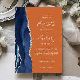 Convite Casamento Azul-Navy Prata Ágata Laranja Queimado M