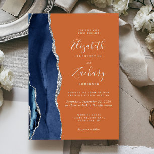 Convite Casamento Azul-Navy Prata Ágata Laranja Queimado M