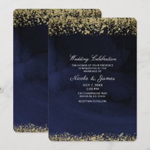 Convite Casamento Azul-Navy Temperamental com Aquarela Mod