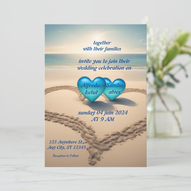 Convite Casamento azul oceânico com aquarela de verão (Em pé/Frente)