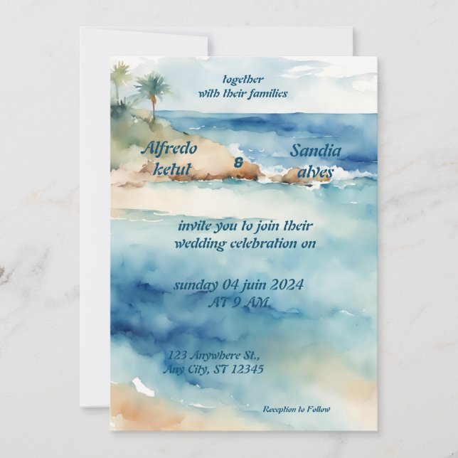 Convite Casamento azul oceânico com aquarela de verão (Frente)