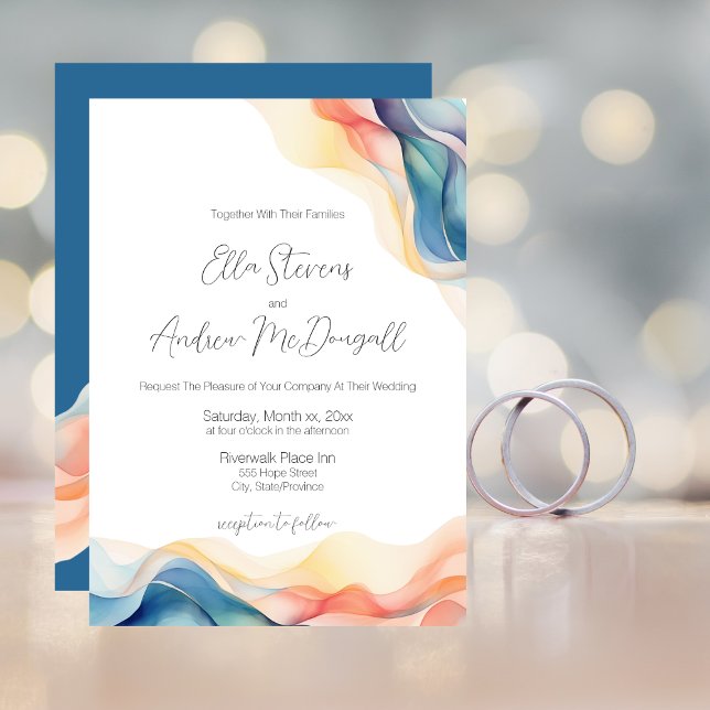 Convite Casamento Azul Onda de Cor Abstrato Moderna (Modern Abstract Color Wave Blue Wedding Invitation Card)