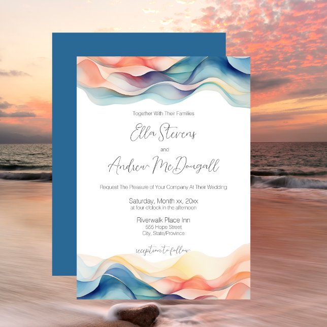Convite Casamento Azul Onda de Cor Abstrato Moderna (Modern Abstract Color Wave Blue Wedding Invitation)
