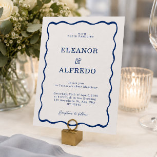 Convite Casamento Azul Ondulado Moderno Minimalista Retr