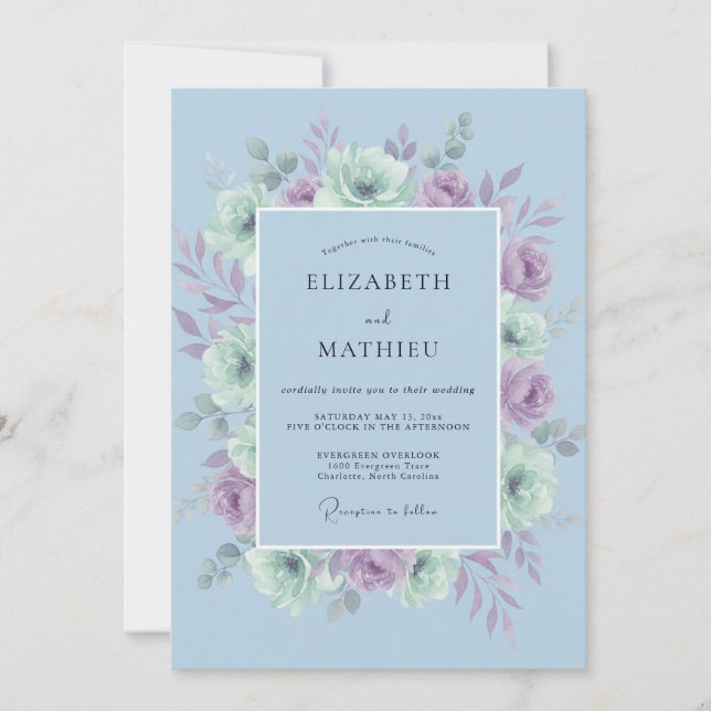 Convite Casamento Azul Pálido e Arejado de Primavera (Frente)