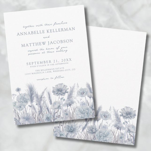 Convite Casamento Azul Pampas Floral Dusty Botânico (Botanical Pampas Floral Dusty Blue Wedding Invitation)