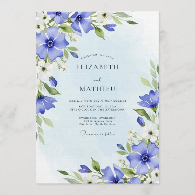 Convite Casamento Azul Pintura Floral Capricho (Frente)