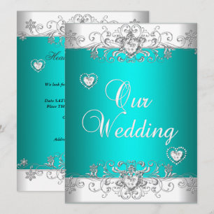 Convite Casamento Azul-Piscina Prata Branco Diamante Coraç