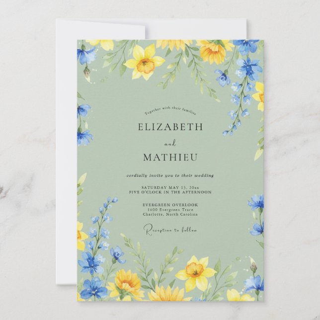 Convite Casamento Azul Pistache Narciso Eucalipto (Frente)