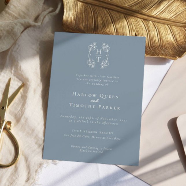 Convite Casamento Azul Pó-Pato-Floral do Monograma Elegant (Criador carregado)