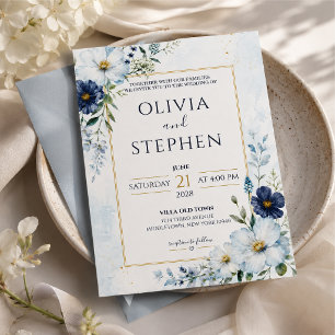 Convite casamento azul-pó personalizado e impresso