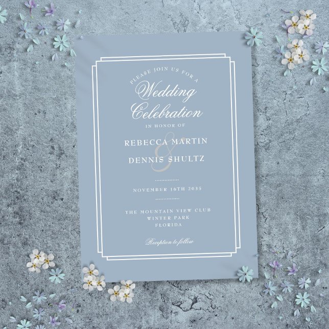Convite Casamento Azul Poeira Clássico Art Déco (Classic Art Deco Dusty Blue Wedding Invitation)