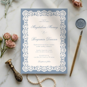 Convite Casamento Azul Poeira Elegante Renda Marfim Antigo