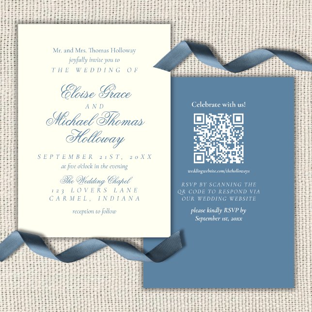Convite Casamento Azul Poeirento de Roteiro Simples Elegan (Elegant Simple Script Dusty Blue Wedding Invitation)