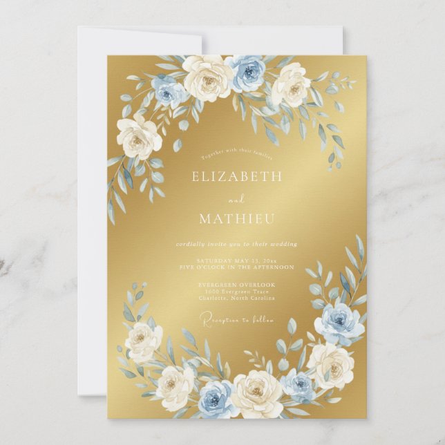 Convite Casamento Azul Poeirento Dourado Radiante (Frente)