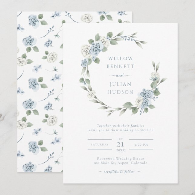 Convite Casamento Azul Poeirento Elegante (Frente/Verso)