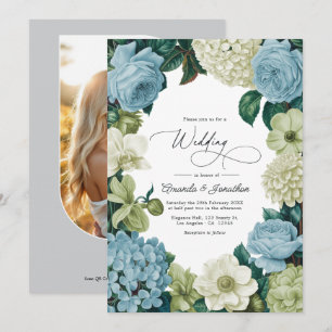 Convite Casamento Azul Porcelana, Sage Suave e Marfim