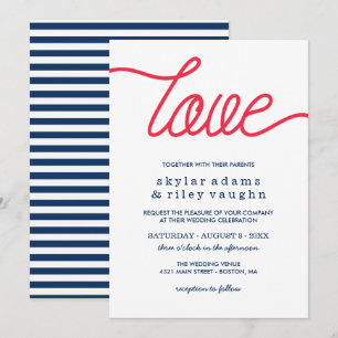 Convite Casamento Azul Préppy Amor Vermelho