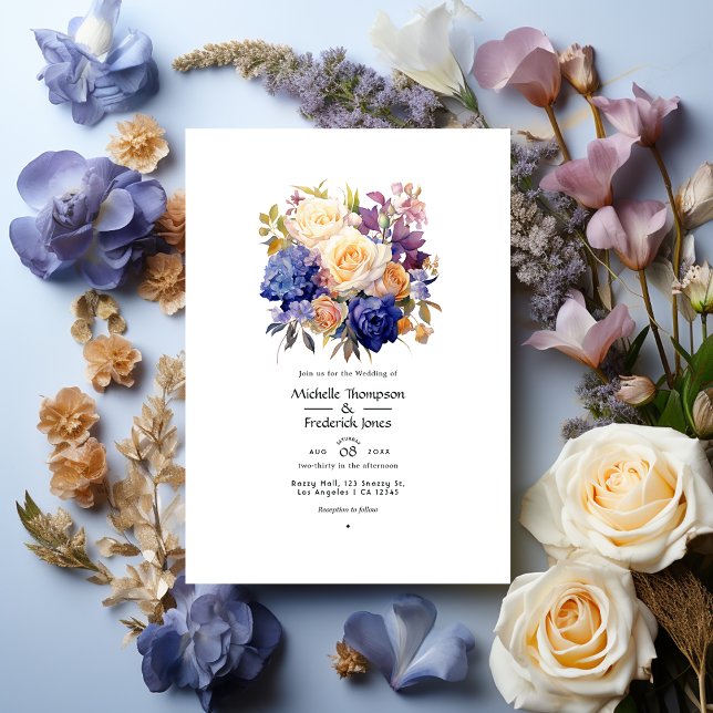 Convite Casamento Azul Real, Champanhe, Rosa Creme e Mauve (Criador carregado)