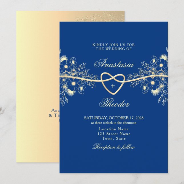 Convite Casamento Azul Real e Dourado (Frente/Verso)