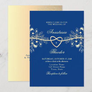 Convite Casamento Azul Real e Dourado