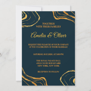 Convite Casamento Azul Real e Dourado Elegante