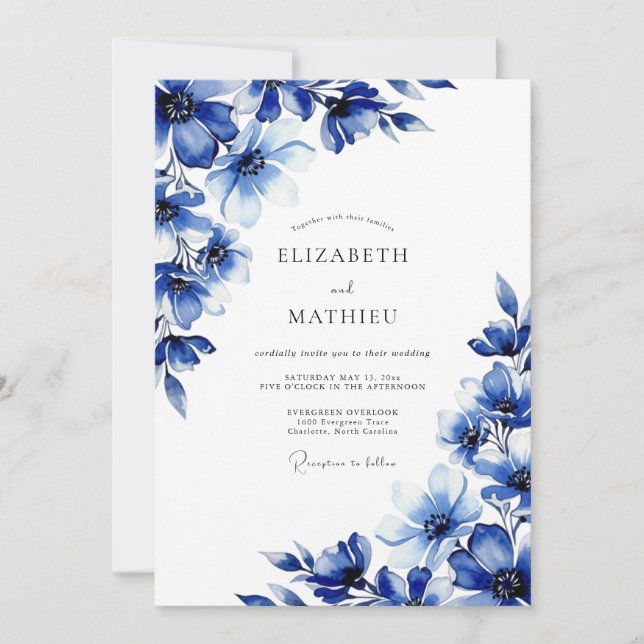 Convite Casamento Azul Real Pintado à Mão (Frente)