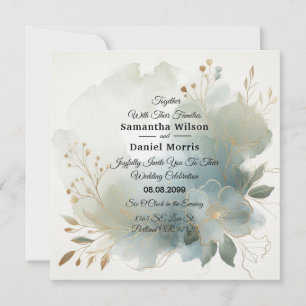 Convite Casamento Azul-Romance com Ouro Suave