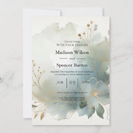 Convite Casamento Azul-Romance com Ouro Suave