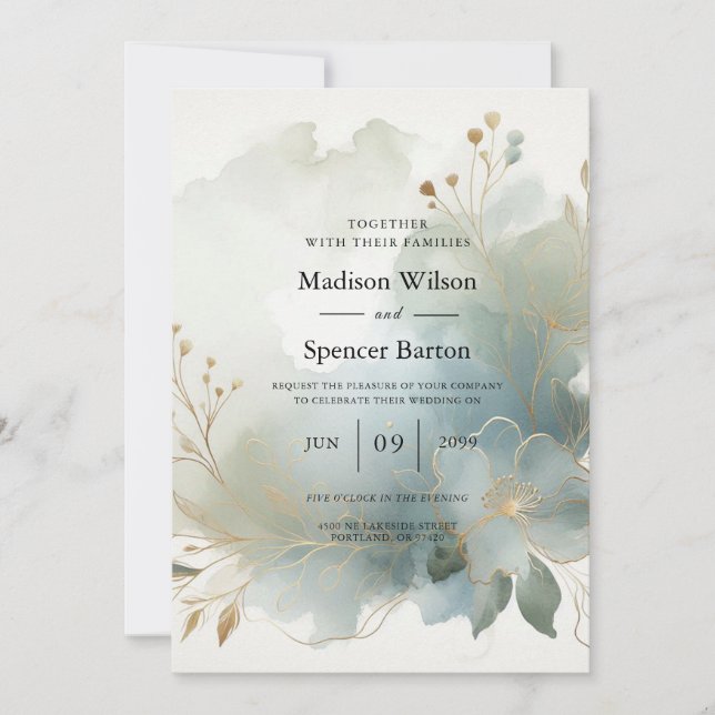 Convite Casamento Azul-Romance com Ouro Suave (Frente)