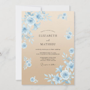 Convite Casamento Azul Romântico à Beira-Mar com Champanhe