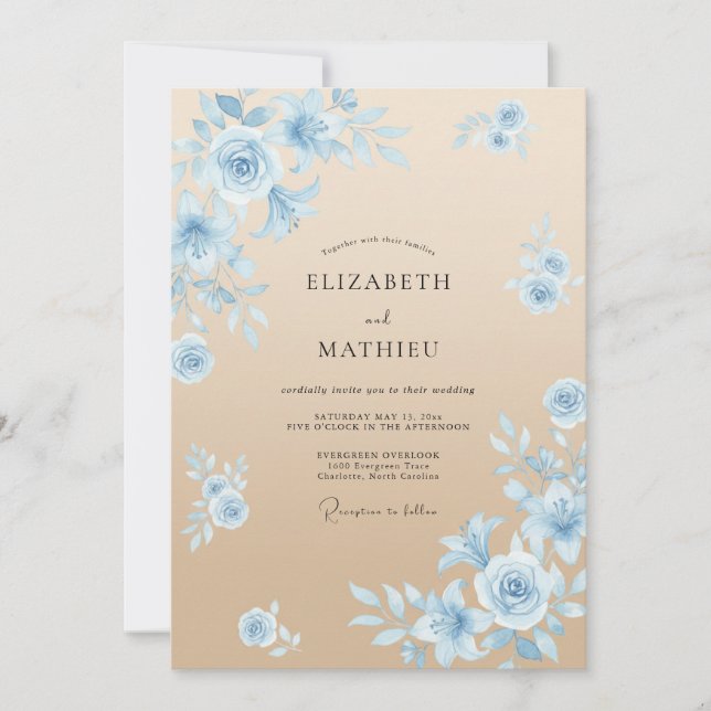 Convite Casamento Azul Romântico à Beira-Mar com Champanhe (Frente)
