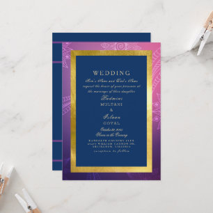 Convite Casamento Azul, Rosa e Dourado no Estilo Indiano R