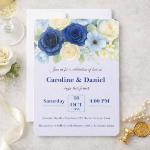 Convite Casamento Azul Royal Água Marinha Flores de Água I