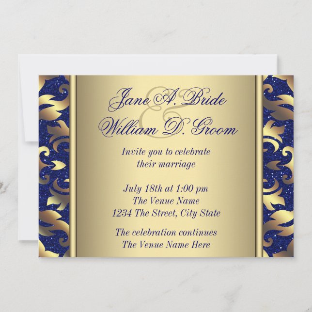 Convite Casamento Azul Royal e Dourado (Frente)