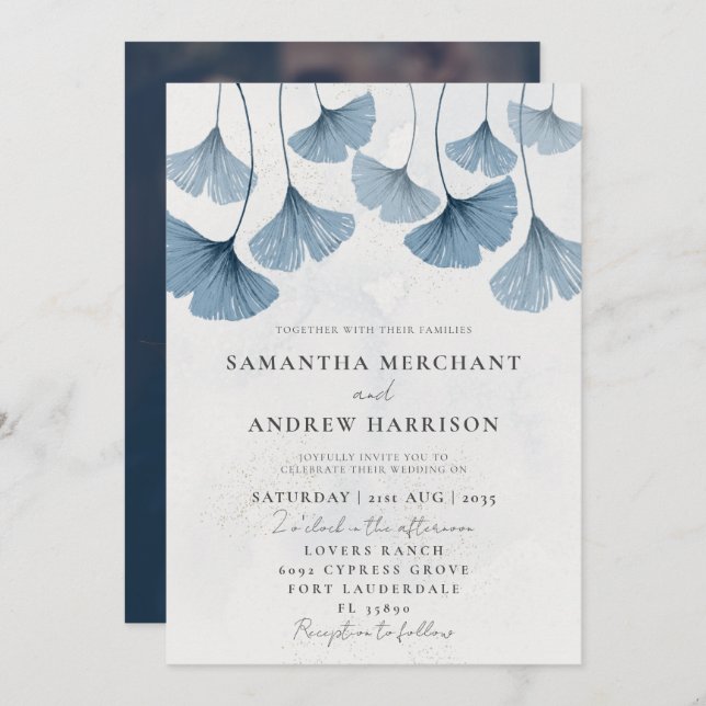 Convite Casamento Azul Rustic Watercolor Ginkgo Dusty (Frente/Verso)