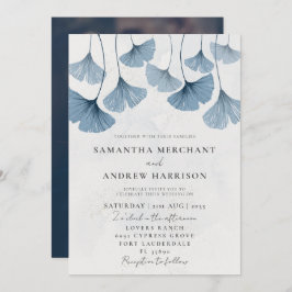 Convite Casamento Azul Rustic Watercolor Ginkgo Dusty