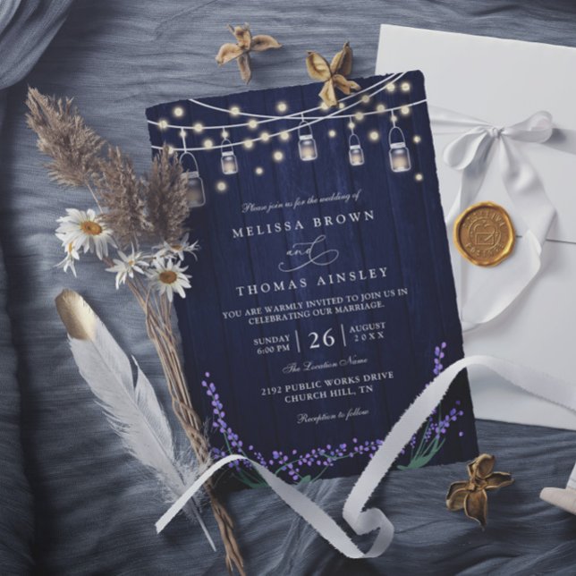 Convite Casamento Azul Rústico de Madeira Lavanda Elegante (Criador carregado)